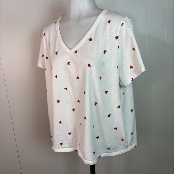 Old Navy Top XL White Red Hearts V-Neck Short Sleeve T-Shirt Cotton Casual - Picture 3 of 10